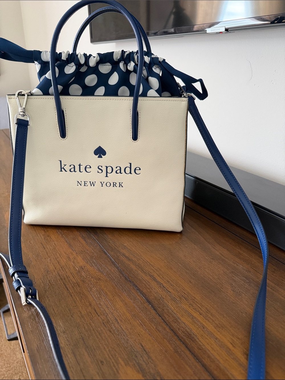 Kate Spade New York Trista Leather Shopper Tote w/Polka Dot Lining - Cream Navy